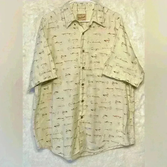 Woolrich Mens 90s/Y2K button down Flyfishing Hook Graphic Pattern XL Golf Wear - Picture 1 of 5